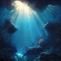 Underwater Sun Rays, Deep Water Sunlight, Under Sea Sunbeams Background, Abstract Generative AI Illustration Royalty Free Stock Photo