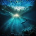 Underwater Sun Rays, Deep Water Sunlight, Under Sea Sunbeams Background, Abstract Generative AI Illustration Royalty Free Stock Photo