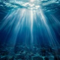 Underwater Sun Rays, Deep Water Sunlight, Under Sea Sunbeams Background, Blue Ocean Bottom Royalty Free Stock Photo