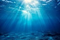 Underwater Sun Rays, Deep Water Sunlight, Under Sea Sunbeams Background, Blue Ocean Bottom Royalty Free Stock Photo