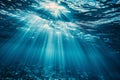 Underwater Sun Rays, Deep Water Sunlight, Under Sea Sunbeams Background, Blue Ocean Bottom Royalty Free Stock Photo