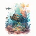 Sunken ship wreck water color