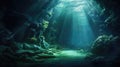 Underwater Sunlight Illuminating a Subterranean Aqua Cave's Enigmatic Beauty.