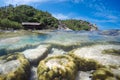 Underwater and surface view with colorful coral reef with the is Royalty Free Stock Photo