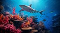 Underwater Symphony: A Vibrant Coral Reef and Elusive Shark