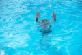 Underwater teen boy in the swimming pool with goggles in sunny day. Children Summer Fun. Kids water sport activity on Royalty Free Stock Photo