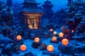 Underwater temple, person exploring, glowing orbs, coral reef, fantasy art
