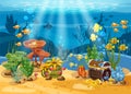 Underwater treasure, chest at the bottom of the ocean, gold, jewelry on the seabed. Underwater landscape, corals Royalty Free Stock Photo
