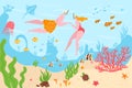 Underwater in tropical coral reefs ocean divers man and woman dive among marine fish vector illustration. Underwater Royalty Free Stock Photo