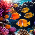 Underwater tropical fish swimming in coral, bright colorful aquarium