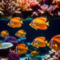 Underwater tropical fish swimming in coral, bright colorful aquarium