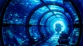 Underwater tunnel with submarine in the middle of the tunnel and large amount of fish in the water. Generative AI