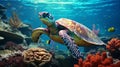 Vibrant Underwater Turtle: Realistic Rendering With Colorful Corals