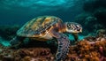 Underwater turtle swimming in the blue sea with coral reef generated by AI