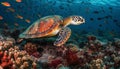 Underwater turtle swimming in the blue sea with tropical fish generated by AI