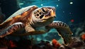 Underwater turtle swimming in the colorful coral reef generated by AI