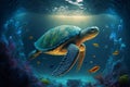 Underwater turtle swimming in sea. detailed image with Generative AI Royalty Free Stock Photo