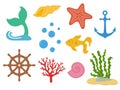 Underwater. Under the sea - mermaid tail, starfish, seashells, gold fish, coral, seaweed, handwheel, anchor, bubbles. Sea life. Ma Royalty Free Stock Photo