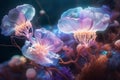 Underwater vibrant jellyfish and marine life in a neon fantasy Royalty Free Stock Photo