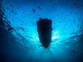 Underwater view of a anchored diving boat Royalty Free Stock Photo