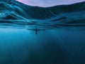 Underwater view of a boat bottom part and fishes swimming in clear blue water