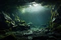 Underwater view of a cave with fish in the water and sunlight. Generative AI Royalty Free Stock Photo