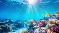 Underwater view of a colorful sea coral reef with fishes. Ocean ecosystem. Generative AI Royalty Free Stock Photo