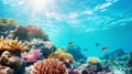 Underwater view of a colorful sea coral reef with fishes. Ocean ecosystem. Generative AI Royalty Free Stock Photo