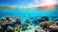 Underwater view of a colorful sea coral reef with fishes. Ocean ecosystem. Generative AI Royalty Free Stock Photo