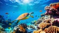 Underwater view of a colorful sea coral reef with fishes and turtle. Ocean ecosystem. Generative AI