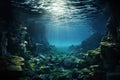 Underwater view of the coral reef with fishes and rays of light. Generative AI