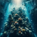Underwater view of the coral reef with fishes and rays of light Royalty Free Stock Photo