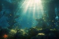 Underwater view of a coral reef with fishes and sunbeams Royalty Free Stock Photo