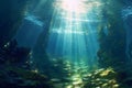 Underwater view of a coral reef with fishes and sunbeams Royalty Free Stock Photo