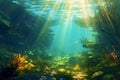 Underwater view of a coral reef with fishes and sunbeams Royalty Free Stock Photo
