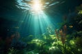 Underwater view of a coral reef with fishes and sunbeams Royalty Free Stock Photo