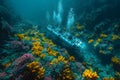 Underwater view of a coral reef with a small boat in the foreground Generative AI Royalty Free Stock Photo