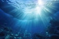 Underwater view of the coral reef with sunbeams and rays, Underwater Ocean Blue Abyss With Sunlight Diving And Scuba Background,