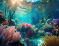 Underwater view of coral reef and tropical fish with sunbeams Royalty Free Stock Photo