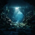An underwater view of a deep-sea trench, with dark shadows and mysterious creatures lurking benea