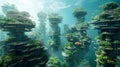 An underwater view of futuristic greenery-covered buildings with fish swimming around