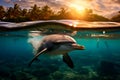 Underwater view of gray dolphin swimming in a caribbean beach at sunset