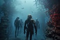 Underwater view of a group of divers in deep blue water, Extreme divers in the coral reef, no visible faces, AI Generated