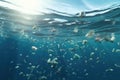 Underwater view of a group of garbage floating in the ocean, Plastic pollution in the sea. Global warming concept. 3d rendering,