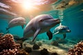 underwater view of a group of gray dolphin sswimming in a caribbean beach at sunset