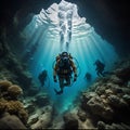 Underwater view of a group of scuba divers in a cave Royalty Free Stock Photo