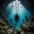 Underwater view of a group of scuba divers in a cave