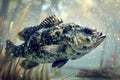 Underwater View of a Largemouth Bass Fish Swimming Amongst Reeds in a Freshwater Lake with Light Rays and Bubbles Royalty Free Stock Photo