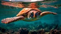 Underwater view of a magnificent sea turtle gracefully swimming, Generative AI