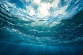 Underwater View of the Ocean, A hydrosphere viewed from the ocean floor, looking up towards the water surface and the sky, AI